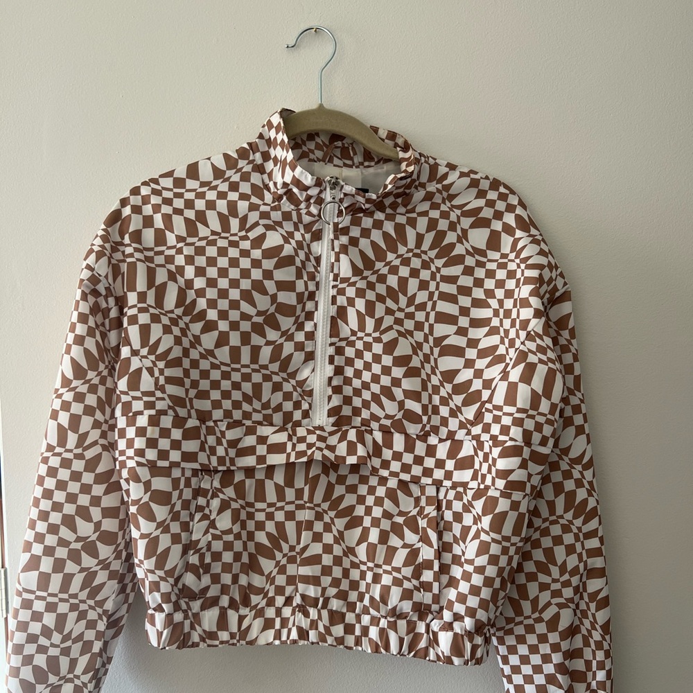 Brown and White Checkered Zip Up